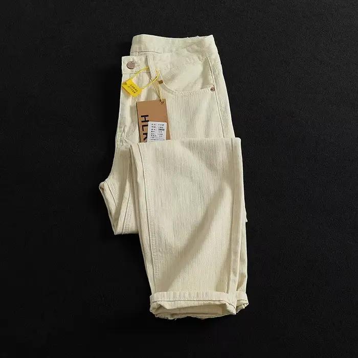 Jean vintage beige en grain de bambou pour hommes, haut sens, mode de rue, conique, petite jambe dro