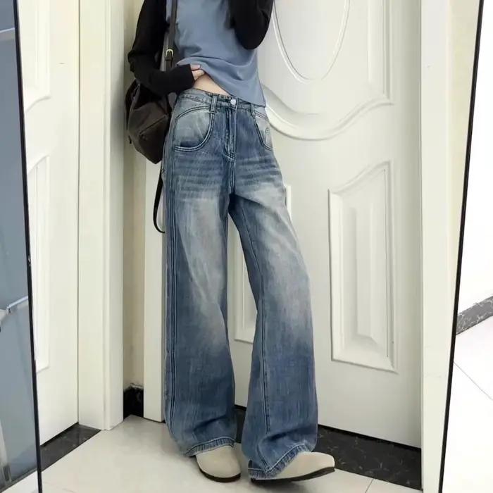 Y2K américain bleu clair femmes déchiré jean taille haute rétro classique jambe droite jean ample dé