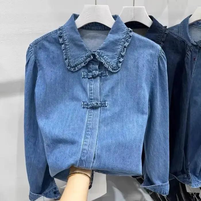 Chemisier en jean pour femme, collection Printemps-Été 2026, style rétro chinois, hauts pour femmes,