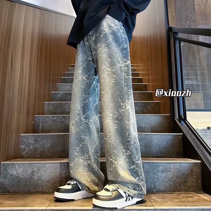 Pantalon en Denim à motif Jacquard pour homme, imprimé complet, Tube droit, ample, High Street, jamb