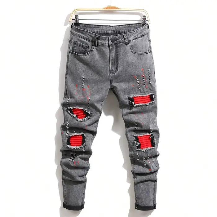Jeans déchirés pour homme, coupe skinny, extensibles, style motard, décontractés, slim fit, avec bro