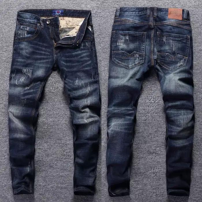 Style italien mode hommes jean rétro bleu foncé élastique coupe ajustée déchiré jean hommes Streetwe