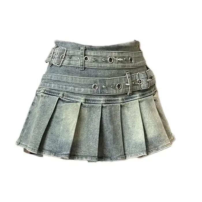 Jupe en jean pour femme avec ceinture cloutée, mini-jupe plissée taille basse, bleu noir, style Alt 