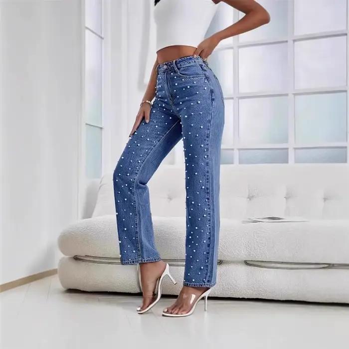 Nouveau pantalon en jean délavé perlé pour femme Printemps-Été 2026