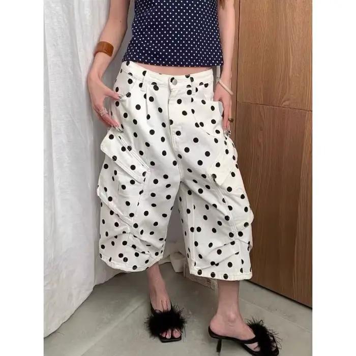 Jean court rétro américain délavé à pois imprimé intégral pour femme – Coupe ample amincissante à ja