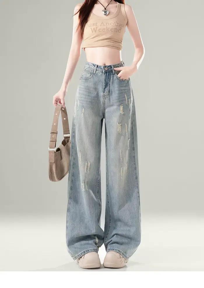 Jean large délavé et vieilli pour femme, taille haute, coupe droite ample, style décontracté vintage