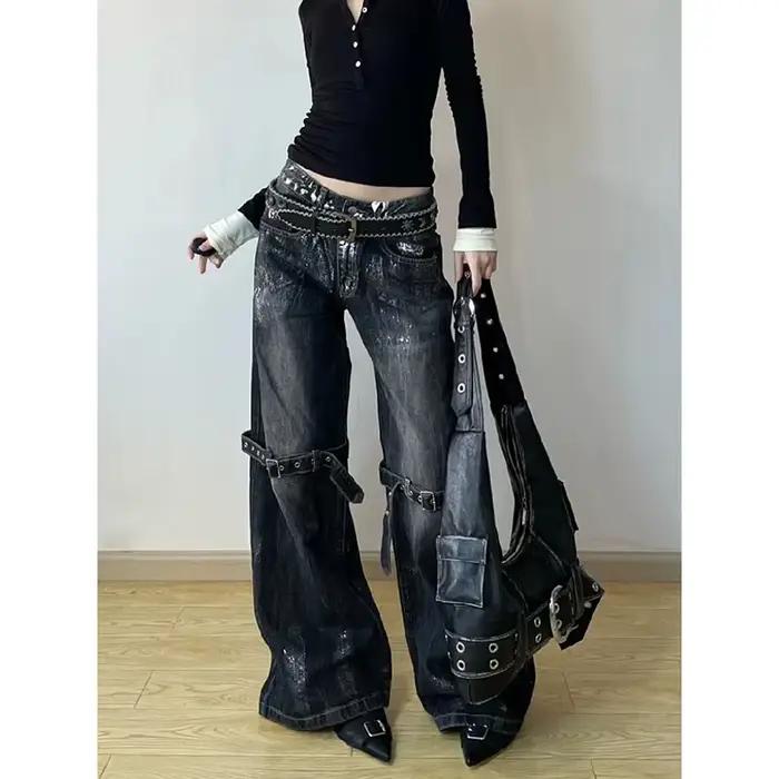 ZHIZOU noir femmes jean taille haute Hip Hop droit mode pantalon Streetwear Harajuku Y2K étoile femm