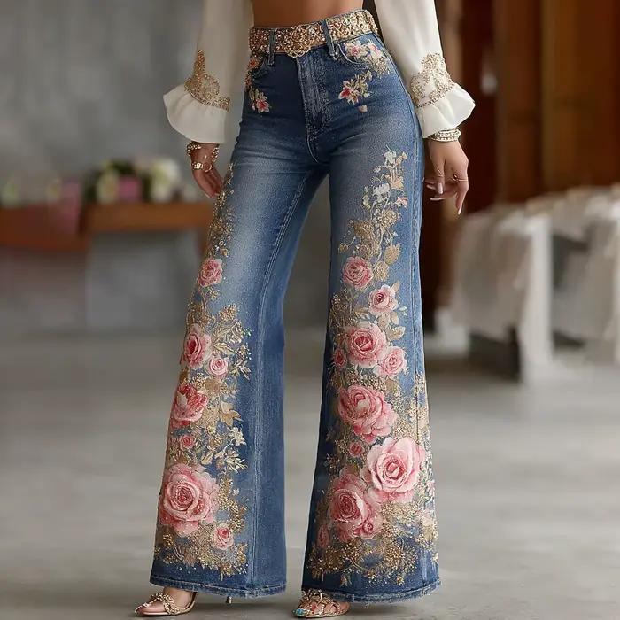 Pantalon évasé en jean imprimé 3D pour femme, coupe slim, style cloche, décontracté, polyvalent, pou