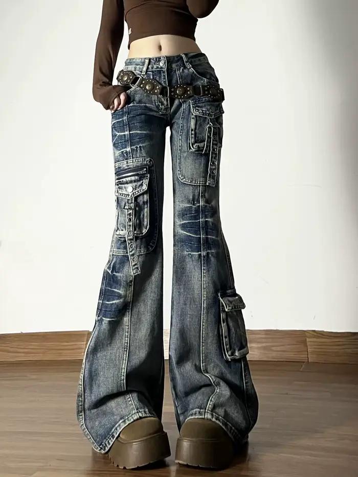 Jean Y2K Style de rue Vintage américain pour femmes, Cargo multi-poches, évasé au sol, pantalon Long