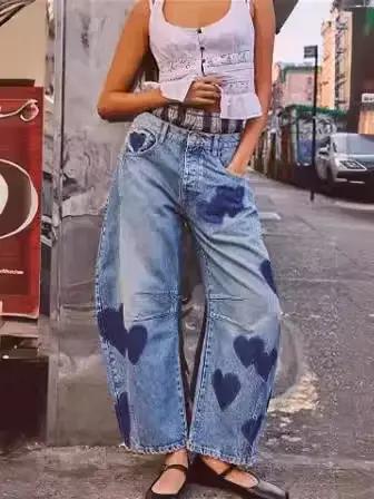 Jean femme imprimé pantalon Long décontracté ample Denim bleu maman coeur taille moyenne jambe large