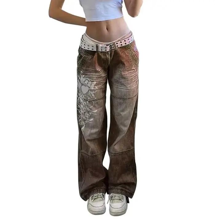 Jean Style de rue pour femmes, coupe ample, imprimé, lavage multicolore, pantalon ajusté, taille bas