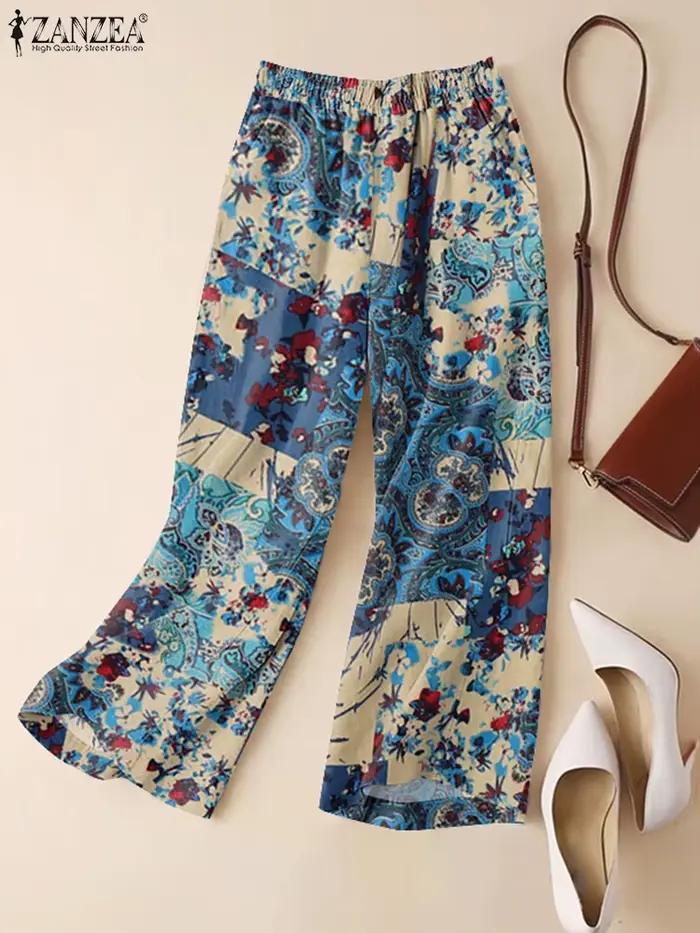 ZANZEA femme décontracté jambe large Pantalon Vintage Floral Paisley imprimé taille élastique Pantal