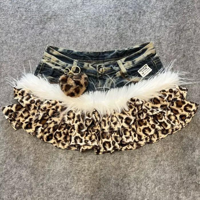 Abi Y2K "Millennium Brown Leopard" Vintage Denim Spicy Girl imprimé léopard sans doublure jupe court