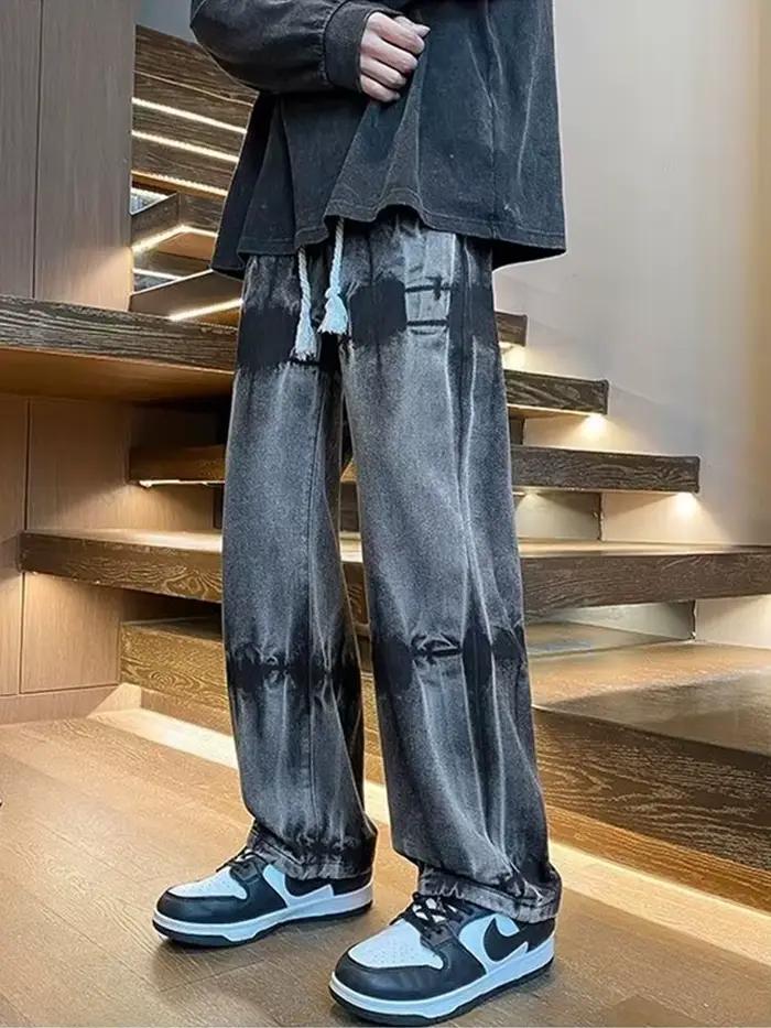 Nouveau jean rétro tie-dye 2026 pour homme, pantalon baggy à cordon de serrage, coupe droite, style 