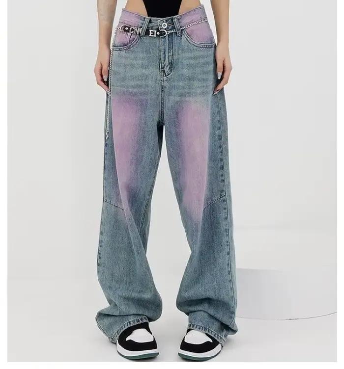 Jean à jambes larges pour femmes, délavé, rétro, Graffiti, blocage de couleur, ample et Niche, offre