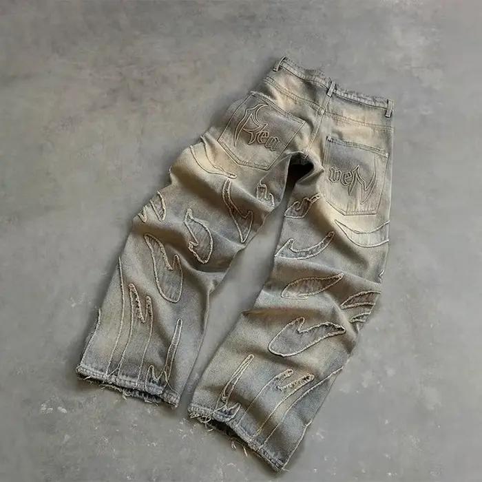 Jean ample brodé pour hommes, Style américain Harajuku rétro, motif chauve-souris, mode de rue, pare