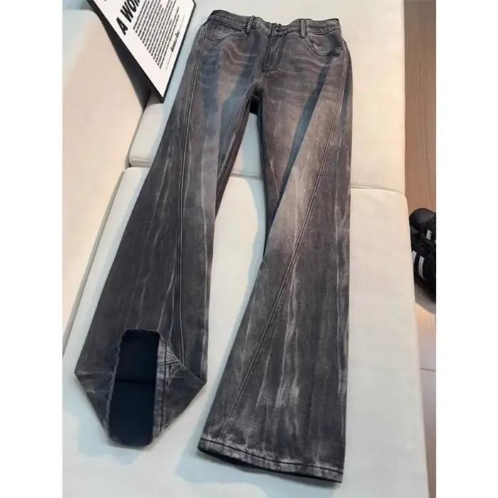 Jean vintage pour homme, pantalon décontracté en denim bleu délavé, coupe droite légèrement évasée, 