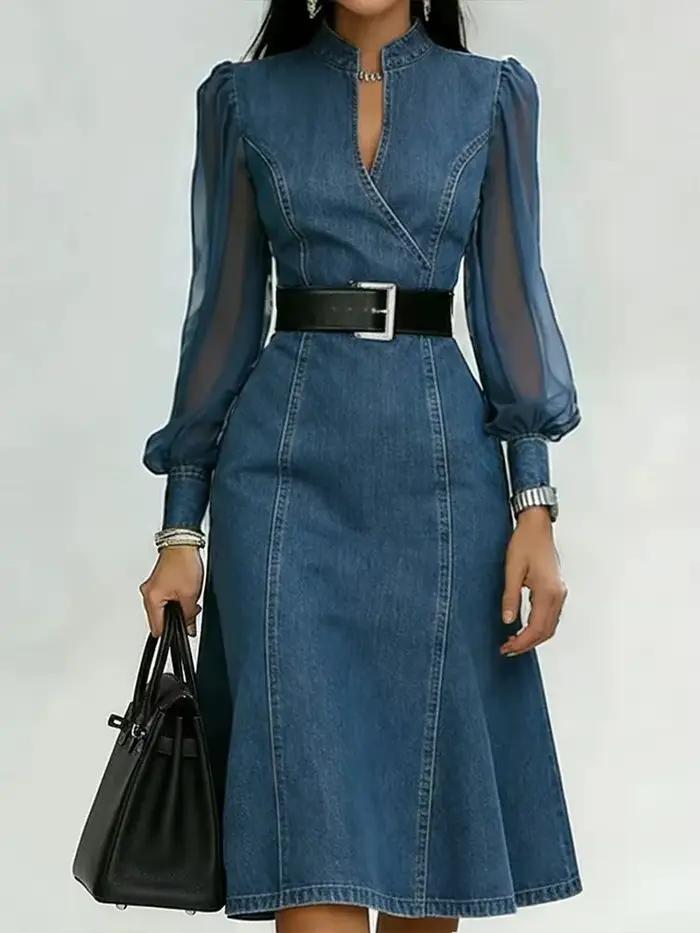 Robe trapèze en jean pour femme, style vintage, avec ceinture, manches longues bouffantes en moussel