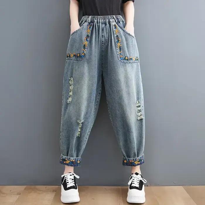 Jean Vintage brodé à trous pour femmes, ample, taille élastique, sarouel polyvalent, pantalon en Den