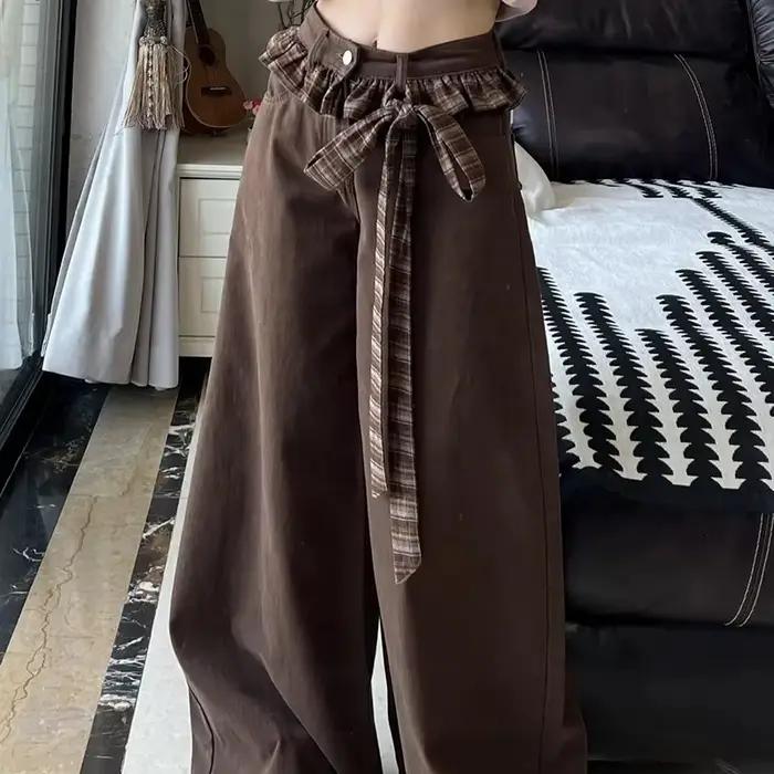 Jean Vintage en Patchwork avec nœud pour femmes, Streetwear, taille haute, ample, pantalon en Denim 