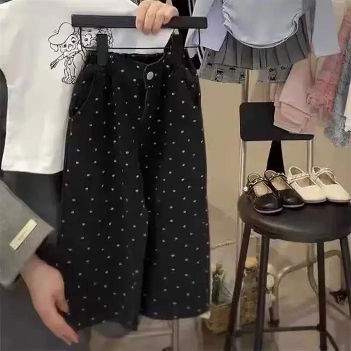 Jeans pour filles printemps nouveau pantalon ample à jambes droites polyvalent imprimé complet panta