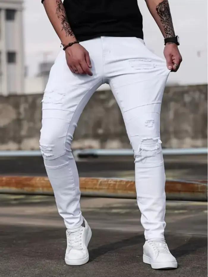 Jean Skinny Blanc Extensible pour Homme – Tendance Printemps Décontractée, Style Urbain, Motard Amér