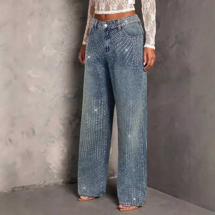 Nouvelles Jambières Larges Décontractées en Jean Bleu Droit pour Femme avec Décoration Strass Été 20