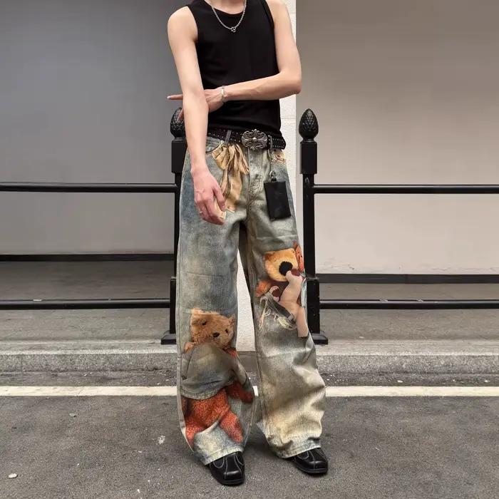 Jean large rétro imprimé ours américain pour femme – Nouveau design printemps-automne, coupe droite 