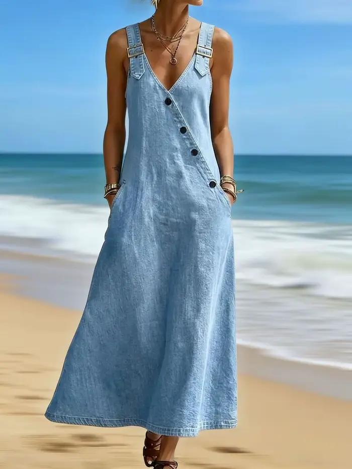 Robe salopette en jean pour femme, sans manches, style déchiré, dos nu, col en V, boutonnée, délavée