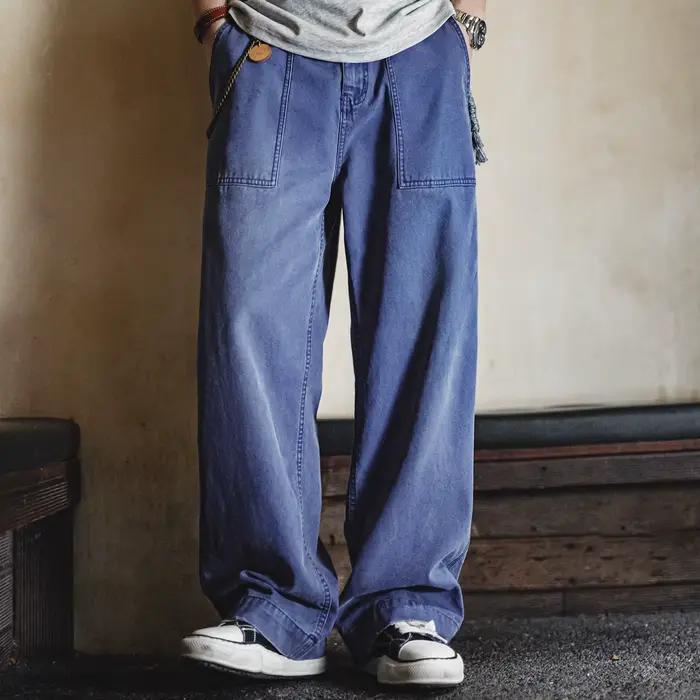 Maden – jean vintage en denim délavé pour hommes, pantalon de travail en toile de coton bleu avec fe