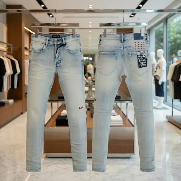 Nouveau style – Jean Ksubi skinny déchiré bleu délavé pour homme, avec fentes aux genoux, en denim v