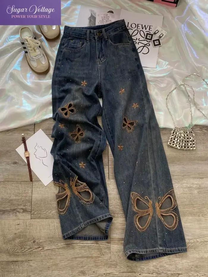Jean papillon strass pour femmes, Y2K, taille haute, jambes larges, pantalon droit, ajouré, coupe am