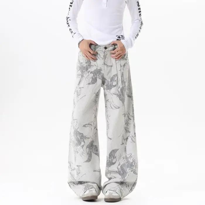 Jean blanc ample à jambes larges pour hommes, unisexe, tendance, imprimé irrégulier, décontracté, St