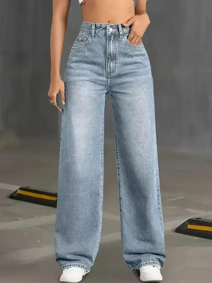Jeans Y2k pour femme, bleu classique, coupe droite élastique, design simple, style rétro, pantalon e