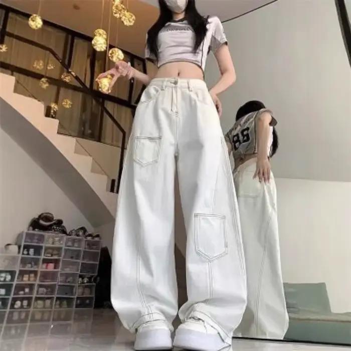 Jean rétro américain blanc taille haute coupe droite pour femme, pantalon ample amincissant fluide à
