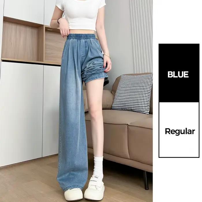 Jean taille haute ample pour femme, coupe droite, en denim souple, bleu vintage, idéal pour l'été