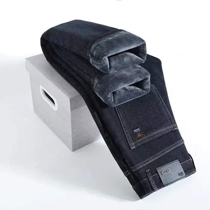 Hiver polaire épais chaud jean classique marque affaires décontracté hommes ajusté droit Stretch tai
