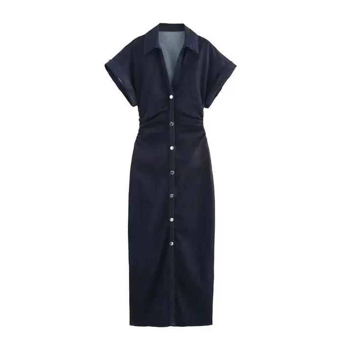 Robe en jean pour femmes, tenue longue décontractée, froncée, manches courtes, Streetwear, mi-longue