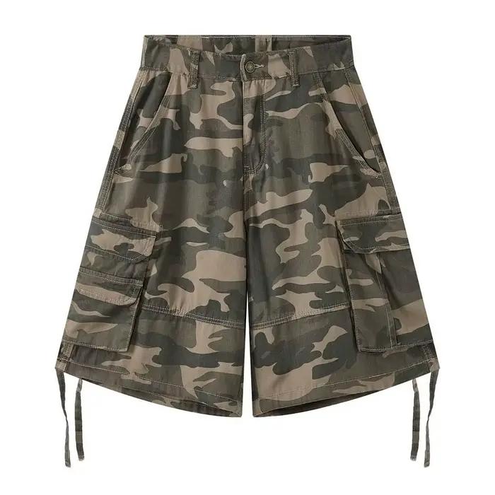 Jean court camouflage vintage HanOrange 2026 pour femme, coupe ample, longueur genou, avec grandes p