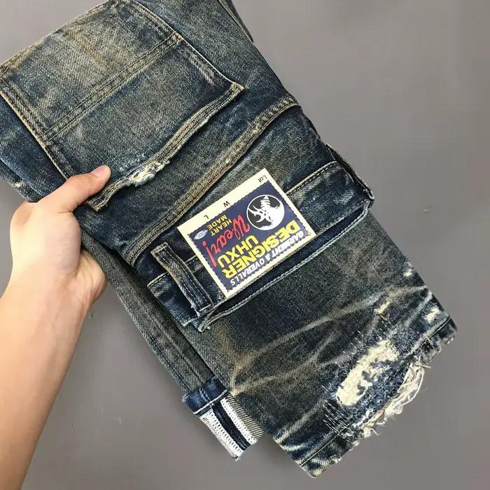 Jean rétro américain 100% coton pour hommes, pantalon ample à jambes droites, déchiré et patché, Non
