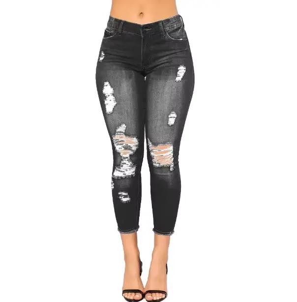 Jean Capri Femme Skinny Déchiré et Délavé en Denim Extensible Coupe Courte à la Cheville