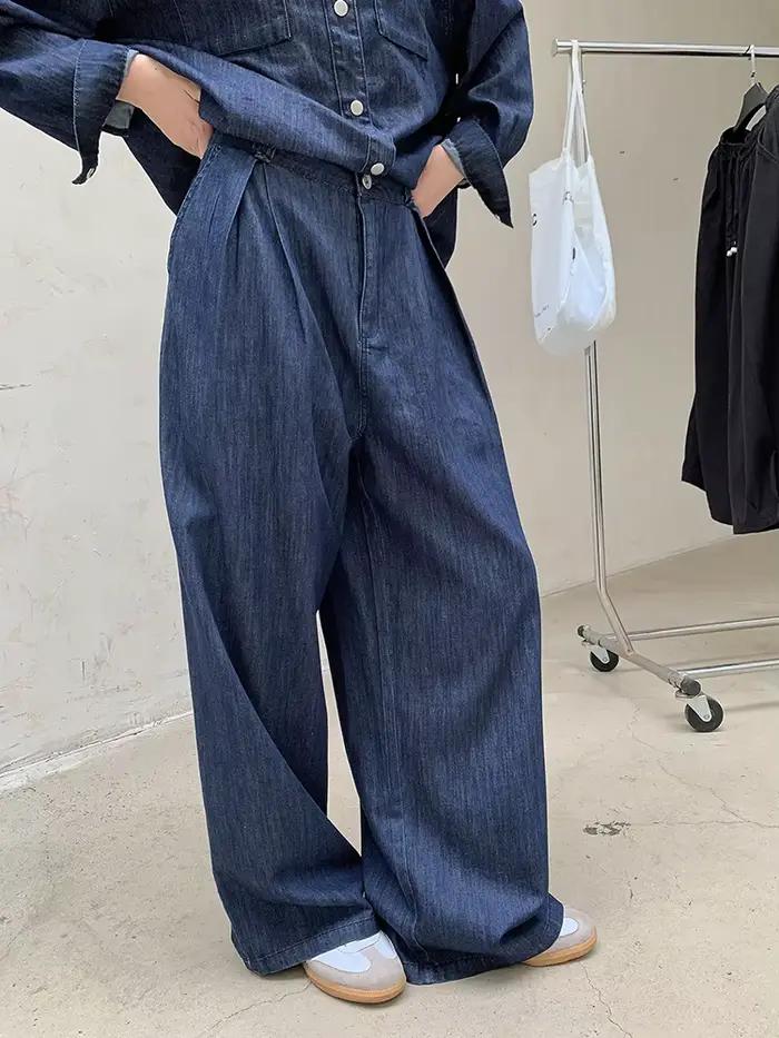 [EAM] taille haute large bleu Denim plissé longue jambe décontractée jean nouvelles femmes pantalons