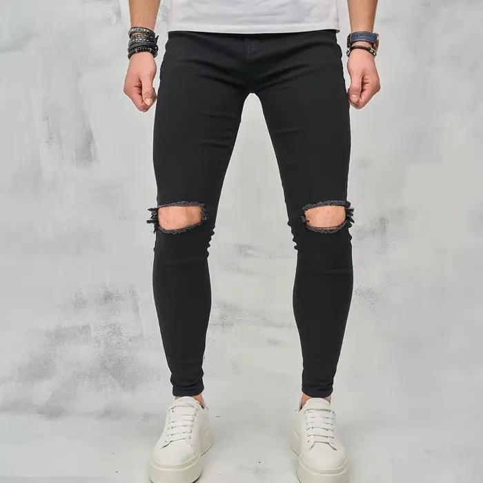 Streetwear hommes jean maigre déchiré genou longueur Hip Hop mode mince homme pantalon Stretch lavé 