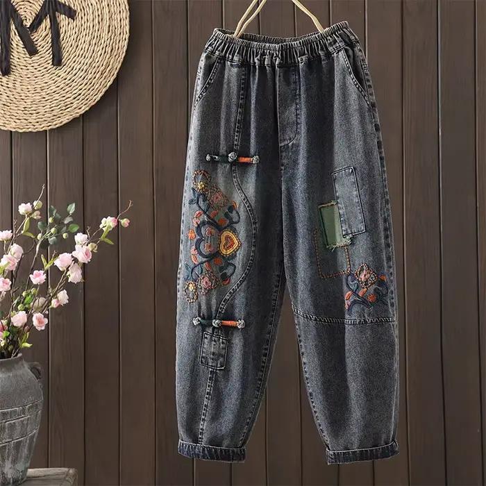 Jean brodé décontracté pour femme, coupe ample, style vintage, pantalon sarouel en denim de haute qu