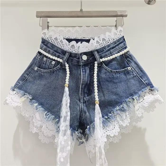 Shorts en jean coréens d'été pour femmes, sexy, doux, avec patchwork en dentelle, shorts chics à tai