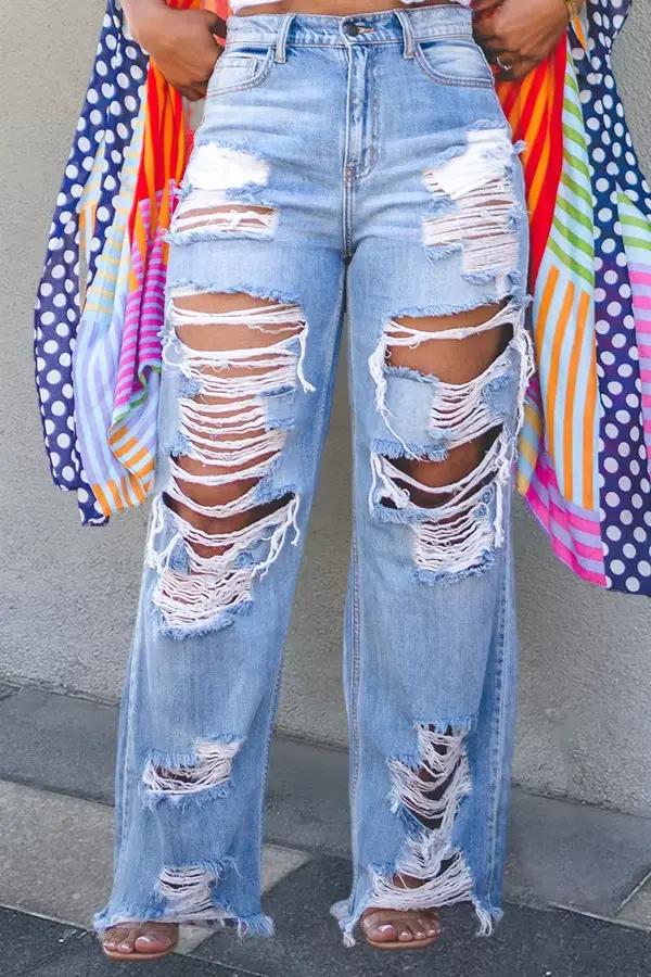 Jean à trous pour femmes, pantalon droit déchiré, taille moyenne, poches délavées, Vintage, Streetwe