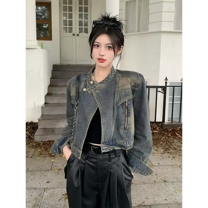 Veste en jean rétro pour femmes, Design de Style américain, col montant, outillage, vêtements d'exté