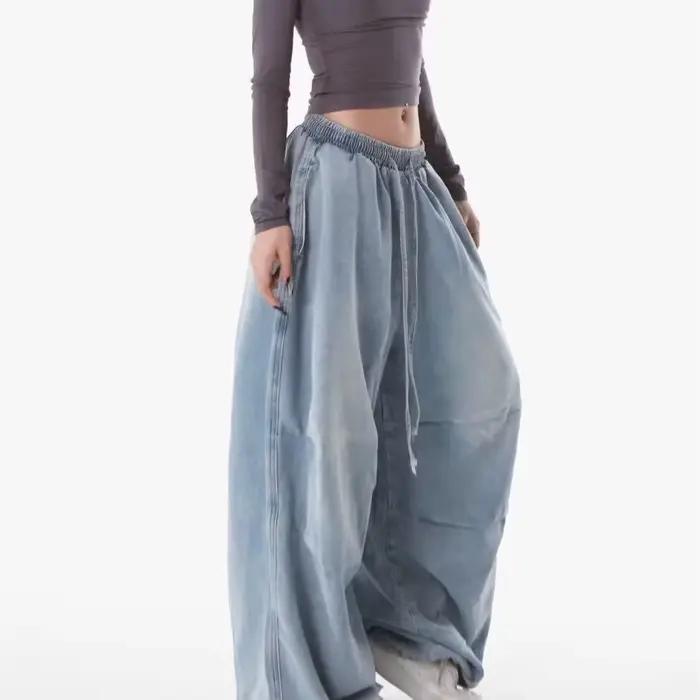 Jean Paratrooper Américain Plissé à Taille Élastique, Coupe Large, avec Cordon de Serrage, Décontrac