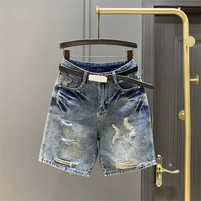 Short en jean déchiré pour femme, longueur genou, jean décontracté en coton, bleu lavé, trou, nouvea