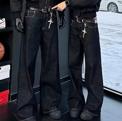 Jeans noirs surdimensionnés pour hommes, broderie de dragon rouge, style vintage gothique Y2K, stree